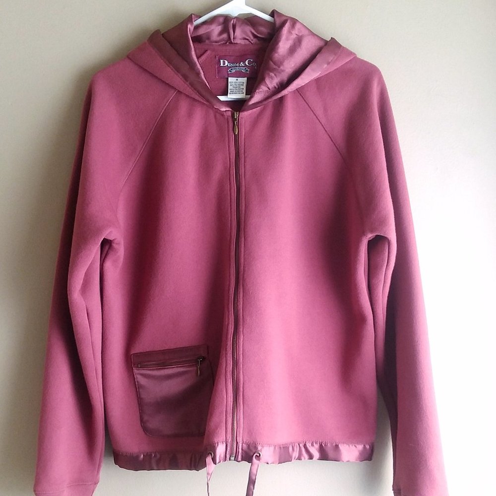 Denim & Co. Burgundy Zip Up  Hoodie Sweatshirt with Satin Hood, Pocket, and Ties